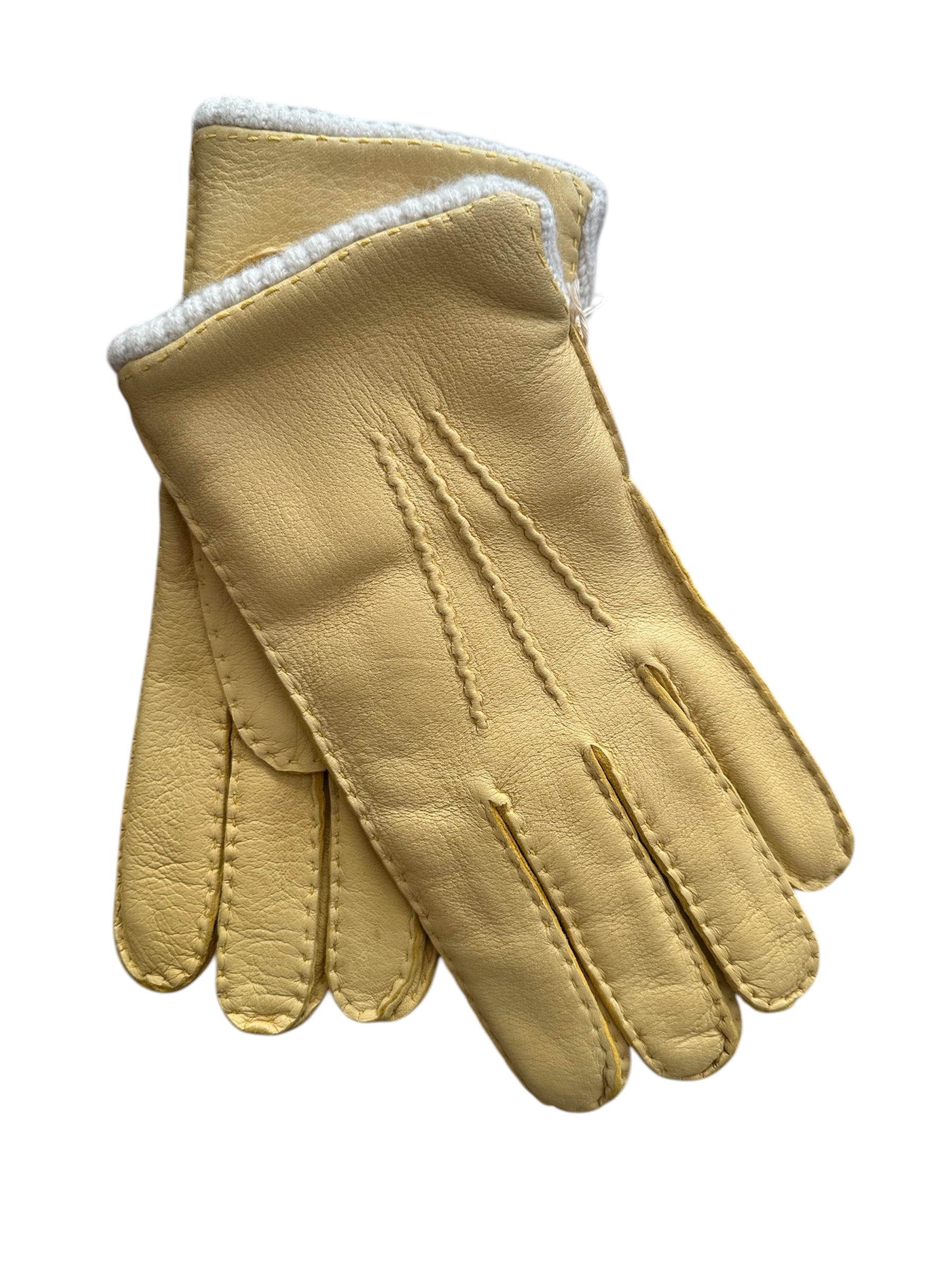 Deerskin leather gloves cashmere lined cash ribbing Yellow-Ivory