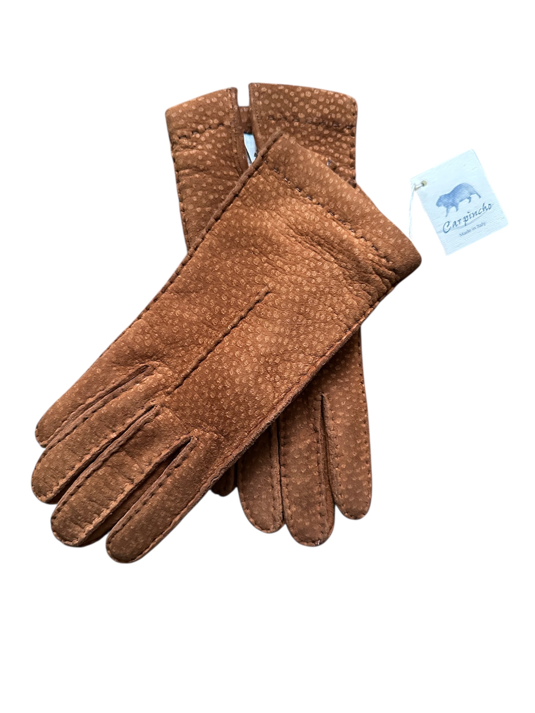 Carpincho gloves hand sewn cashmere lined Tabak (in stock)