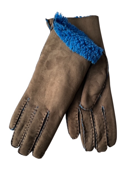 Shearling leather gloves hand sewn made in Italy Brown/Blue Royal (in stock)