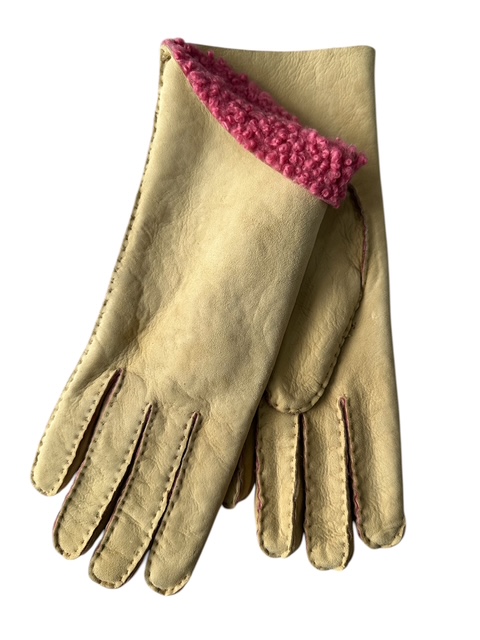 Shearling leather gloves hand sewn made in Italy Beige/Fucsia (in stock)