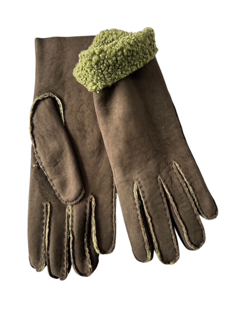 Shearling leather gloves hand sewn made in Italy Brown/Green (in stock)