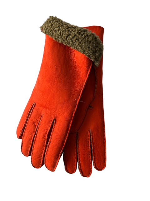 Shearling leather gloves hand sewn made in Italy Orange-Olivegreen (in stock)