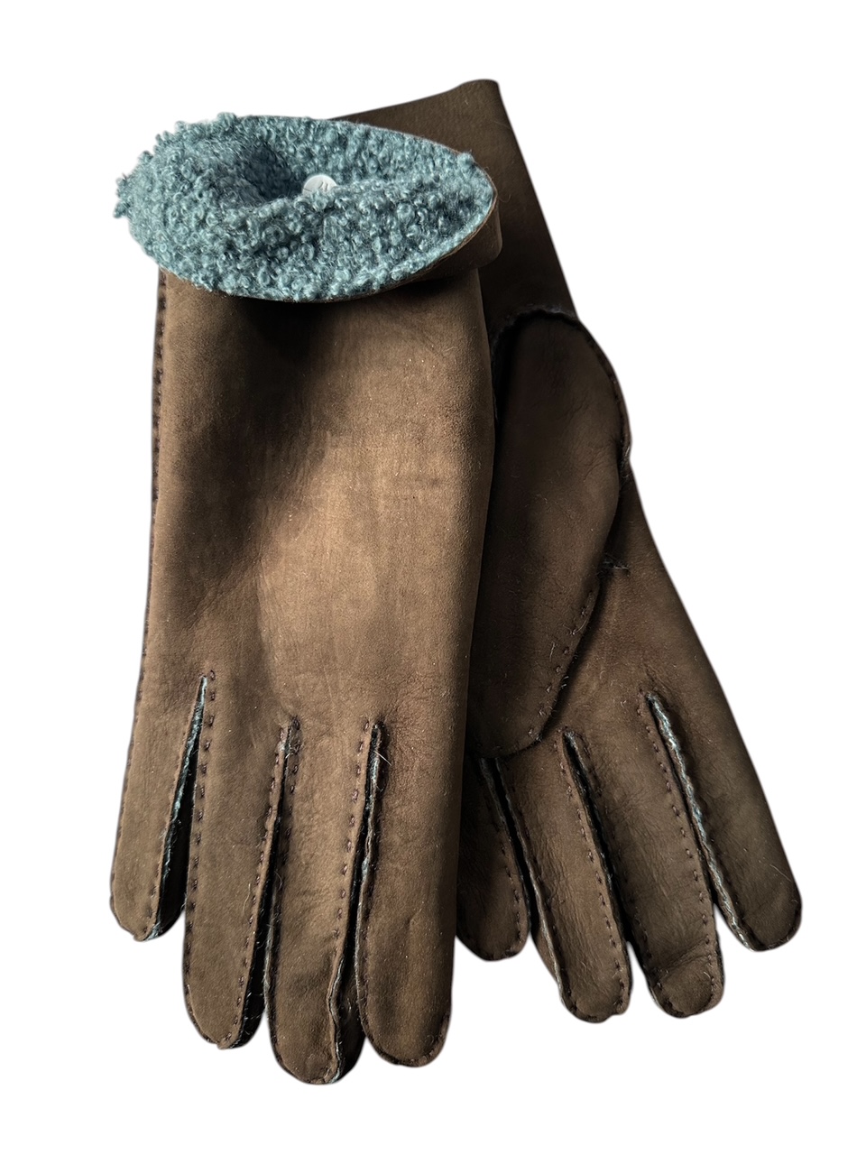 Shearling leather gloves hand sewn made in Italy Brown/Dusty Blue (in stock)