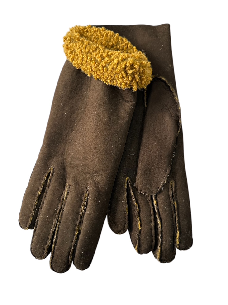 Shearling leather gloves hand sewn made in Italy Brown/Yellow (in stock)