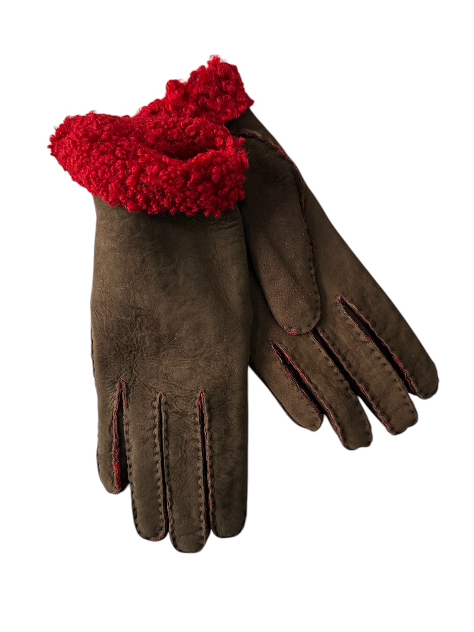Shearling leather gloves hand sewn made in Italy Brown/Red (in stock)