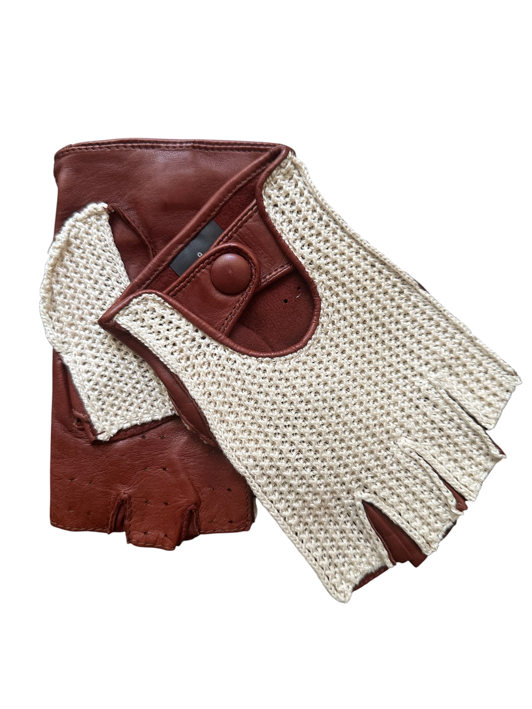 Nappa/Cotton driving gloves fingerless Cognac/Ecru (back order ship in 15 days)